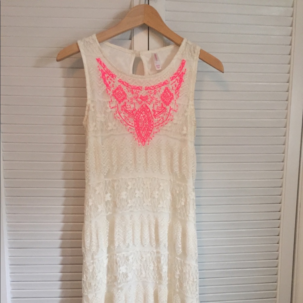 Cream lace dress with hot pink lace detail